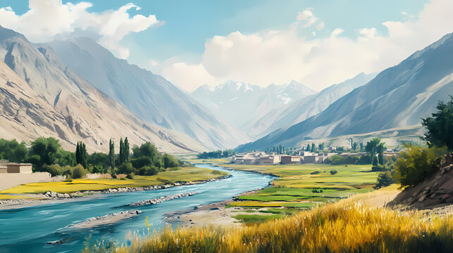 A serene and picturesque landscape of the tagab valley in kapisa province, afghanistan, with rolling hills of emerald green, a gentle mist veiling the terrain. Emerald Mist Valleys. Illustration