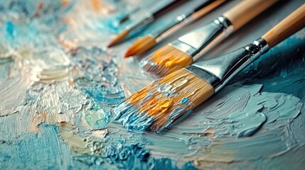 Fototapeta premium Creativity, close-up of paintbrushes and a canvas, artistic scene in soft light