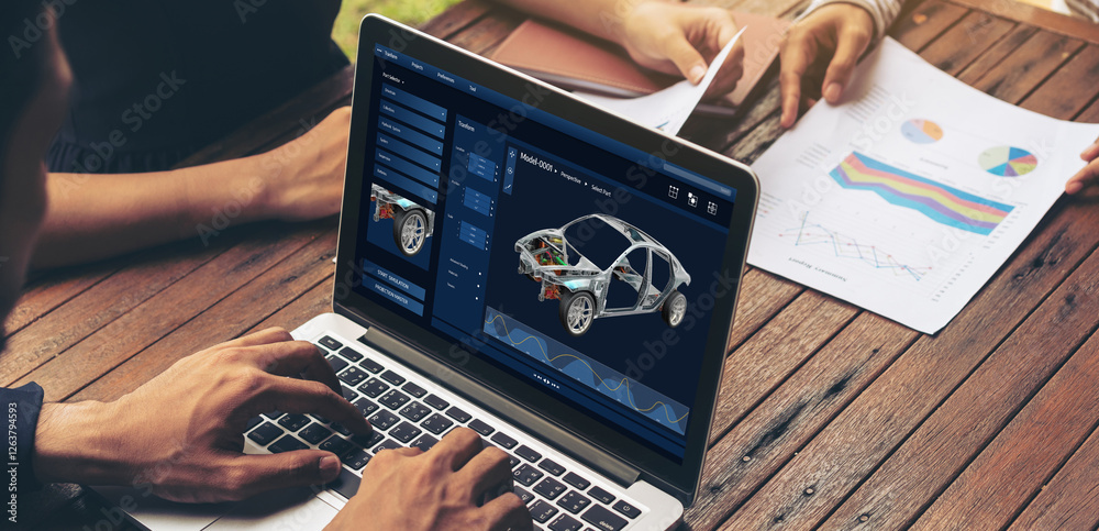 Poster electric car design software on computer screen showing simulation blueprint snugly by digital calcu