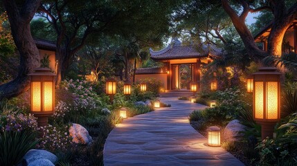 Fototapeta premium Illuminated pathway, Asian garden, tranquil evening, resort