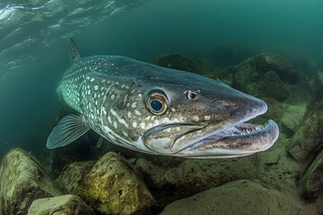 Fototapeta premium Freshwater Northern pike (Esox lucius) in a stunning, clean pond. Underwater shot with a beautiful backdrop and natural lighting. Wildlife
