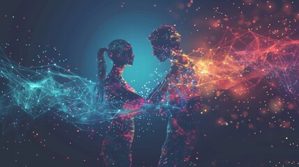 Obraz premium A digital couple outlined by glowing neon energy streams, blending vibrant colors with abstract technology-inspired patterns. AI generated.