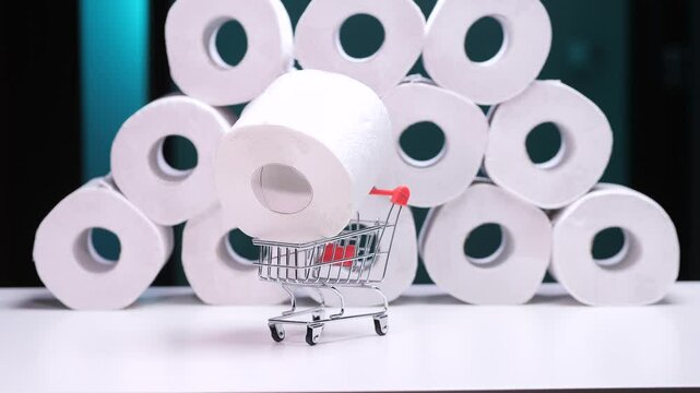 Hand placing toilet paper roll in shopping cart with stacked rolls in background