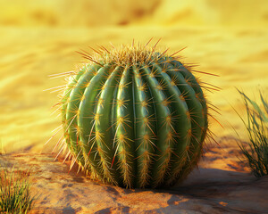 Spherical Cactus on Sandy Ground with Desert Grasses