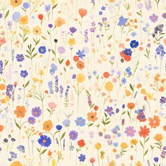 Seamless pattern of watercolor painting of colorful wildflowers for a serene garden scene