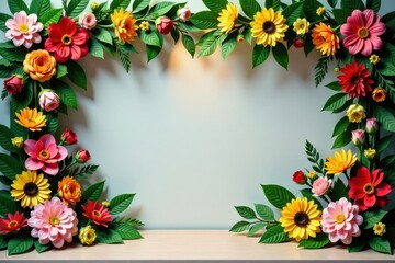 A backdrop of colorful artificial flowers and greenery with a mix of modern and traditional elements, artificial flowers, decorative wall, floral wall art