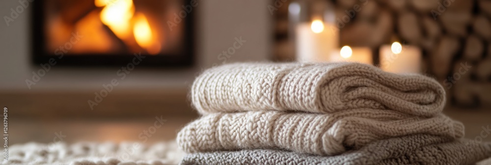 Poster cozy blankets stacked neatly near a warm fireplace on a tranquil evening with candlelight ambiance. 