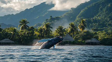 Obraz premium A humpback whale is jumping out of the sea in front of a tropical coast.