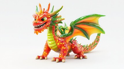 Fototapeta premium Colorful Toy Dragon with Orange, Red and Green Scales on White Background