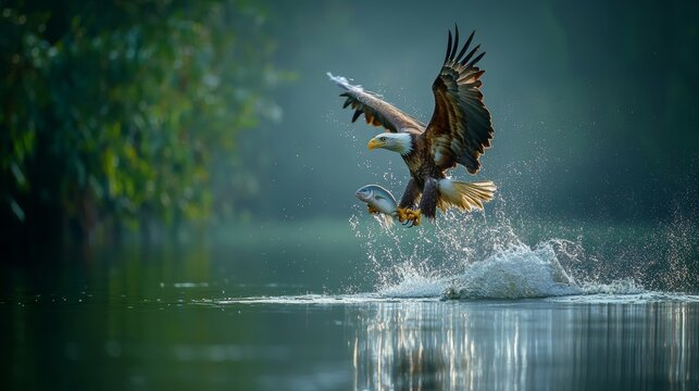 A stunning scene captured in this photograph of an eagle in mid-flight, seizing a fish with its powerful talons, highlighting the drama and majesty of the moment with flying water droplets and fully