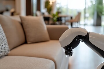 This image captures a robotic arm delicately reaching towards a sofa, highlighting the fusion of technology and everyday living spaces in a modern home setting.