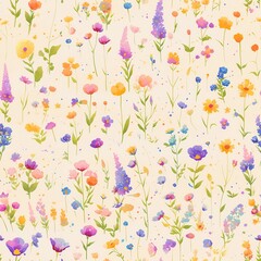 Seamless pattern of watercolor painting of colorful wildflowers for a serene garden scene