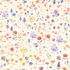 Obraz premium Seamless pattern of watercolor painting of colorful wildflowers for a serene garden scene
