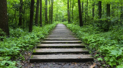 Wooden steps lead through lush green forest