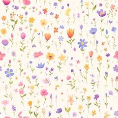 Seamless pattern of watercolor painting of colorful wildflowers for a serene garden scene