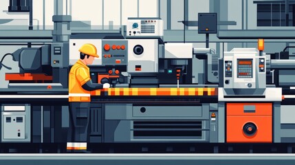 Factory worker operating industrial machinery in a modern manufacturing plant.