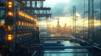 Fototapeta premium Futuristic Cityscape: Industrial Power Plant at Sunset