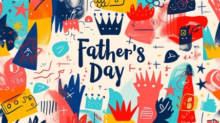 Obraz premium Vibrant and colorful Father's Day greeting card featuring playful crown illustrations, dynamic abstract shapes, and a festive theme. Perfect for celebration designs. AI generated.