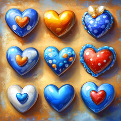 Fototapeta premium Colorful heart-shaped decorations arranged on a textured background; perfect for Valentine's Day or love-themed projects
