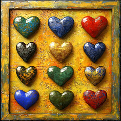 Fototapeta premium Colorful heart art installation on textured yellow background, ideal for Valentine's Day cards or romantic home decor