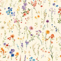 Seamless pattern of watercolor painting of colorful wildflowers for a serene garden scene