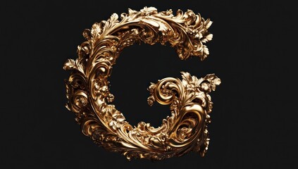 Ornate letter g rendered in luminous gold against a deep charcoal background with intricate detailing