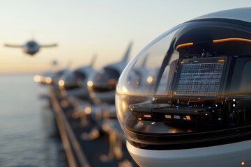 Obraz premium This image captures a series of avant-garde drones gliding over calm waters, showcasing futuristic forms in an inspiring urban setting as the day fades into night.