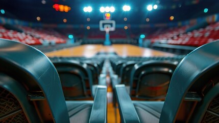 Close-up view of empty stadium seats facing a basketball court, creating a sense of anticipation and excitement. Empty Stadium, Silent Stands