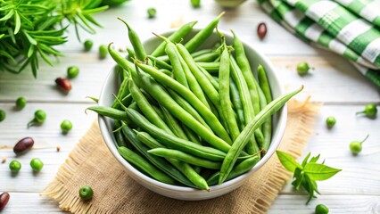 Aerial View Green Beans Bowl White Background - Fresh Vegetable Photography Stock Image