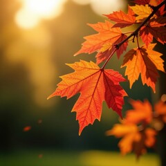 Fototapeta premium Autumn branch with vibrant leaves in warm sunlight, yellow, nature, autumn