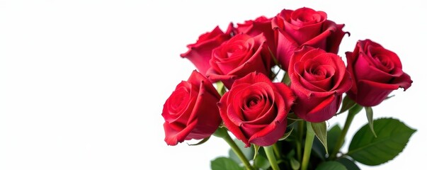 Fototapeta premium Vibrant red roses, lush bouquet, white background, fresh, studio shot, petals