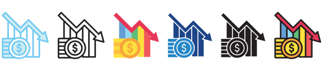 Economic Crisis multi style, mini illustration icon. outline, flat, glyph, dual tone, line color, UI, UX kit, app and web development, digital or print. For finance, business, economy.