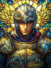 Obraz premium Stained Mosaic Glass Illustration of a Medieval Fantasy Knight Portrait