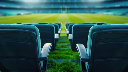 Obraz premium Empty stadium seats with a lush green field in the background, creating an inviting atmosphere for sports fans. Empty Stadium, Silent Stands