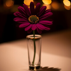 Single purple daisy in small glass vase on table, warm lights background; romantic decor, restaurant ambiance