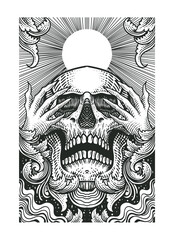 Intricate vector illustration of a skull with hands covering its eyes, surrounded by swirling smoke, engraving ornament and radiant sunburst lines