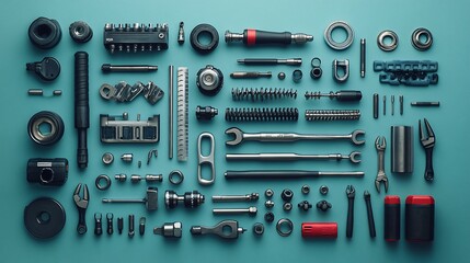 A comprehensive arrangement of various hand tools and mechanical components on a blue background