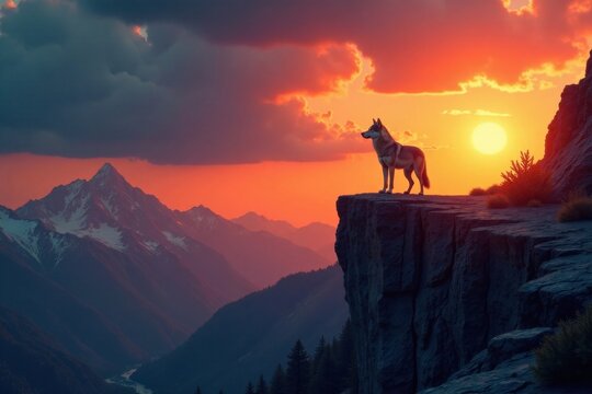A lone wolf standing on a rocky cliff edge at sunset, silhouette, solitary figure