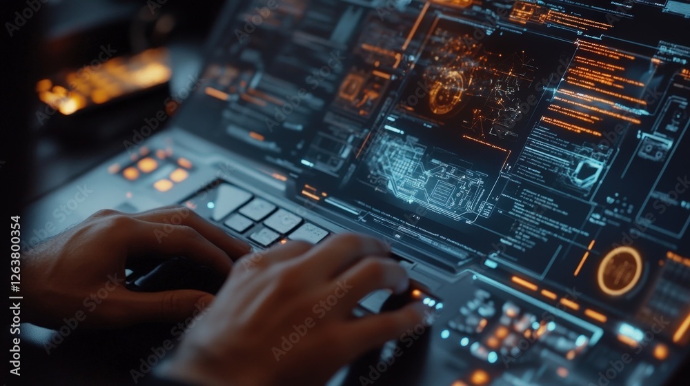 Poster closeup on hands typing on a laptop with complex code and firewall schematics visible on the screen 