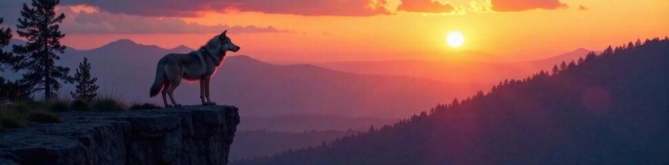A lone wolf stands on a cliff edge at sunset with the forest in the background, landscape, wildlife, forest