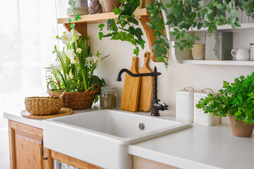 Bright kitchen corner with white sink surrounded by fresh greenery and wooden shelves. Woven basket...