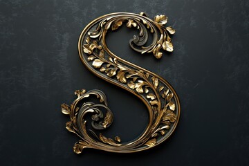 Ornate letter s with golden floral flourishes on a dark textured background for luxury design
