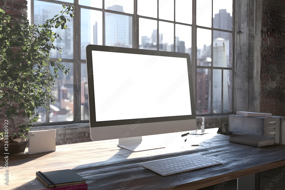 Poster Modern workspace computer display with city view
