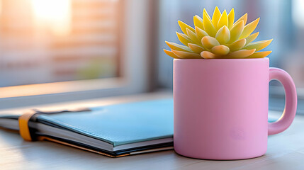 Office succulent, sunrise, notebook, desk, calm workspace
