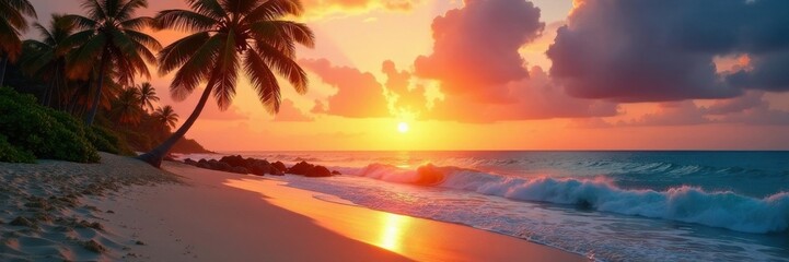 Beautiful sunset on the beach with palm trees and ocean waves, beach, sunset, travel