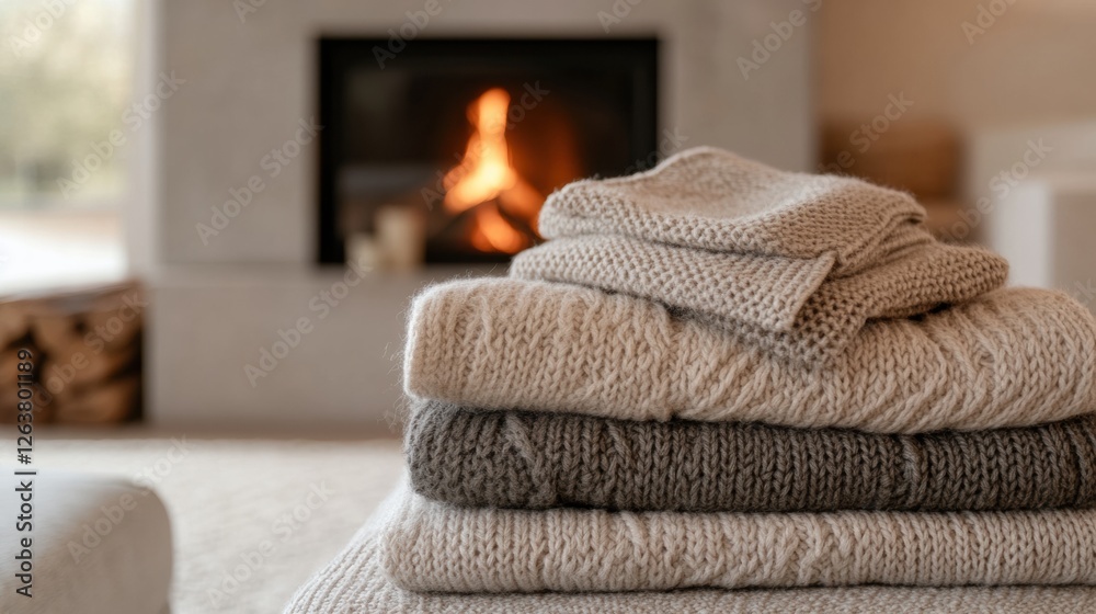 Poster Cozy knitted blankets stacked on a table in front of a warm fireplace during a chilly evening. Generative AI