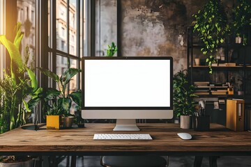 Modern Workspace with Blank Computer Screen, Plants, and City View