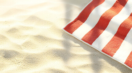 Fototapeta premium Beach towel on sand, sunlight, relaxing vacation