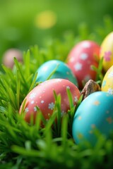 Fototapeta premium Close-up of decorated Easter eggs amongst lush green grass , easter decorations, grass, colorful eggs