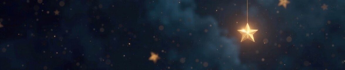 A single gold star suspended in space against a mysterious dark background with soft focus, night sky, radiance